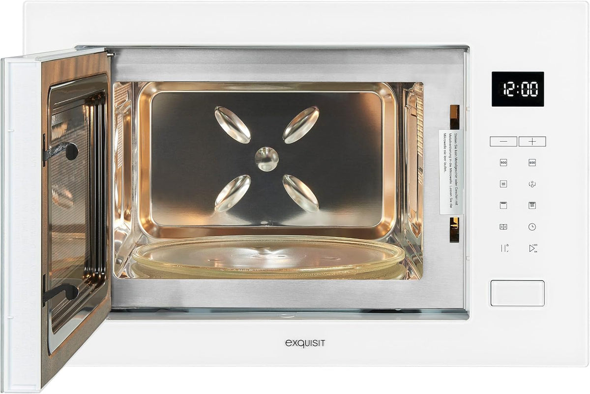microondas, Exquisit, 25L, 900W, Grill 1200W, 8 Programas, Display Digital, Full Touch Control, Acabado Interior Acero Inoxidable, Color Blanco