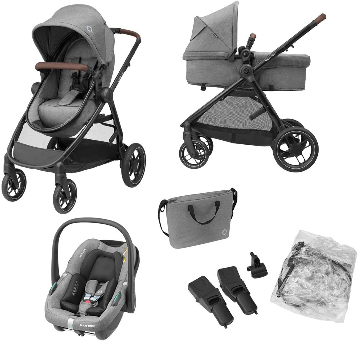 silla de paseo, Maxi-Cosi, Gris, Zelia S Trio Cochecito Bebe 3 Piezas, 0 - 4 Años, hasta 22 kg, Plegable, con CabrioFix S i-Size Silla Coche Bebe