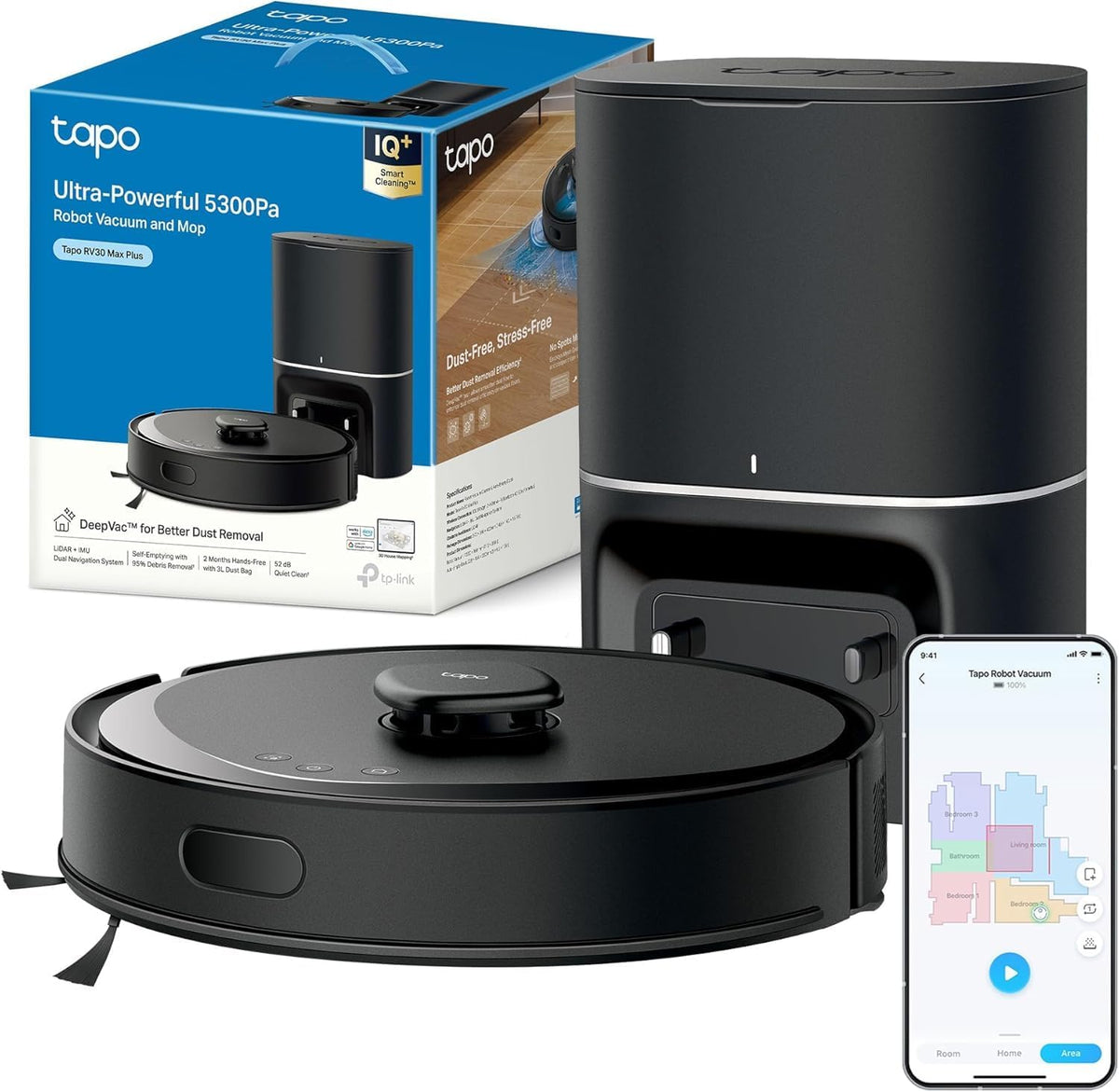 robot aspirador RV30, Tapo, Potencia de succión Ultra de 5300 Pa con fregado, Base de Autovaciado automático de 3 l, navegación LiDAR+IMU Avanzada