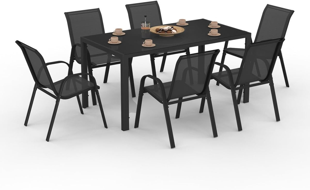 Juegos de comedor, IDMarket, - Salón de jardín Madrid Mesa 150 cms y 6 sillas apilables Negro