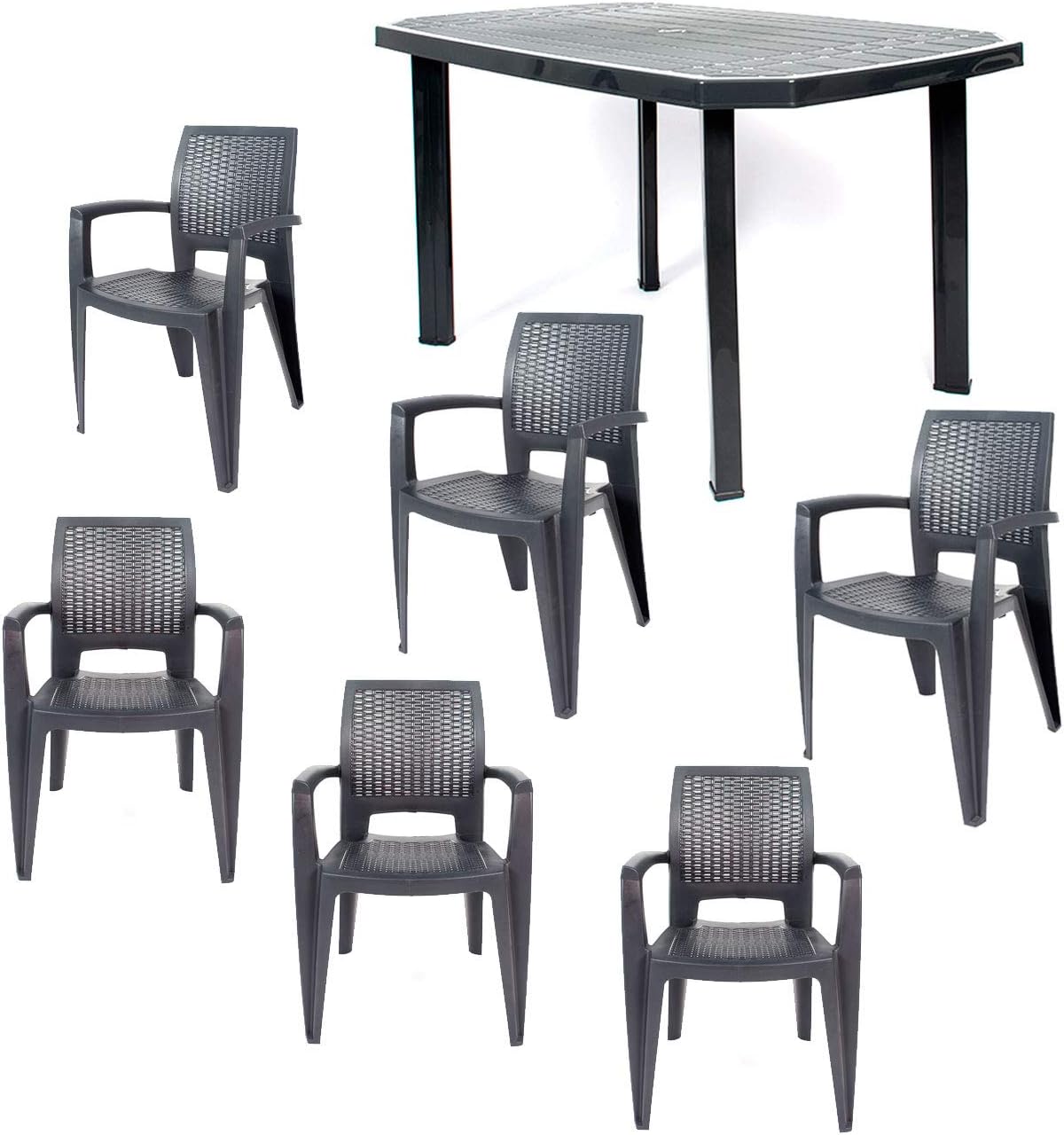 Juegos de comedor, CREVICOSTA QUALITY MARK MARCAS DE CALIDAD, - Conjunto Mesa Viana Rectangular + 6 sillas Caribe de Resina (Antracita)