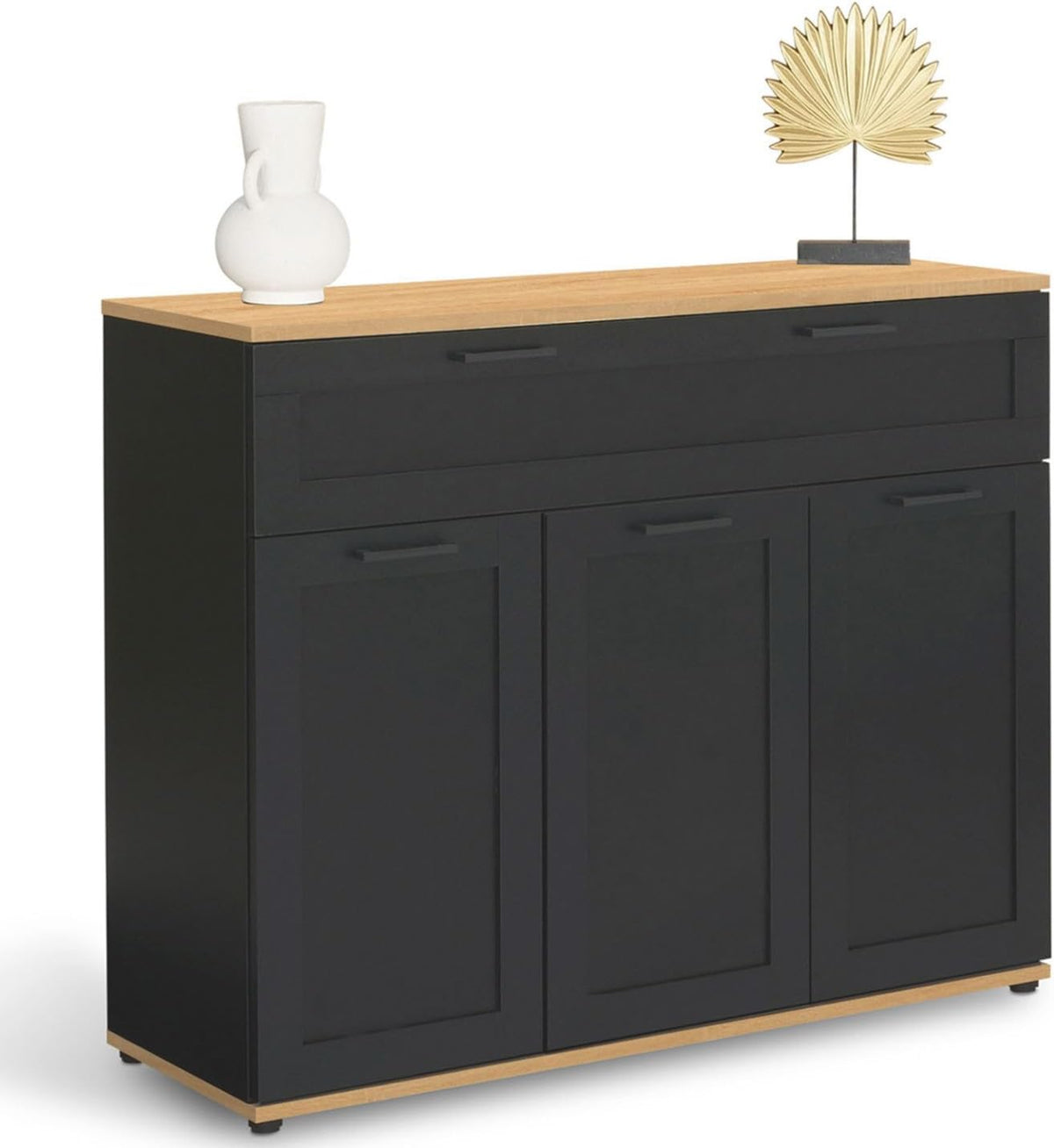 armario, IDMarket, color negro y bandeja madera, VITO - Aparador de 100 cm, 3 puertas y 1 cajón