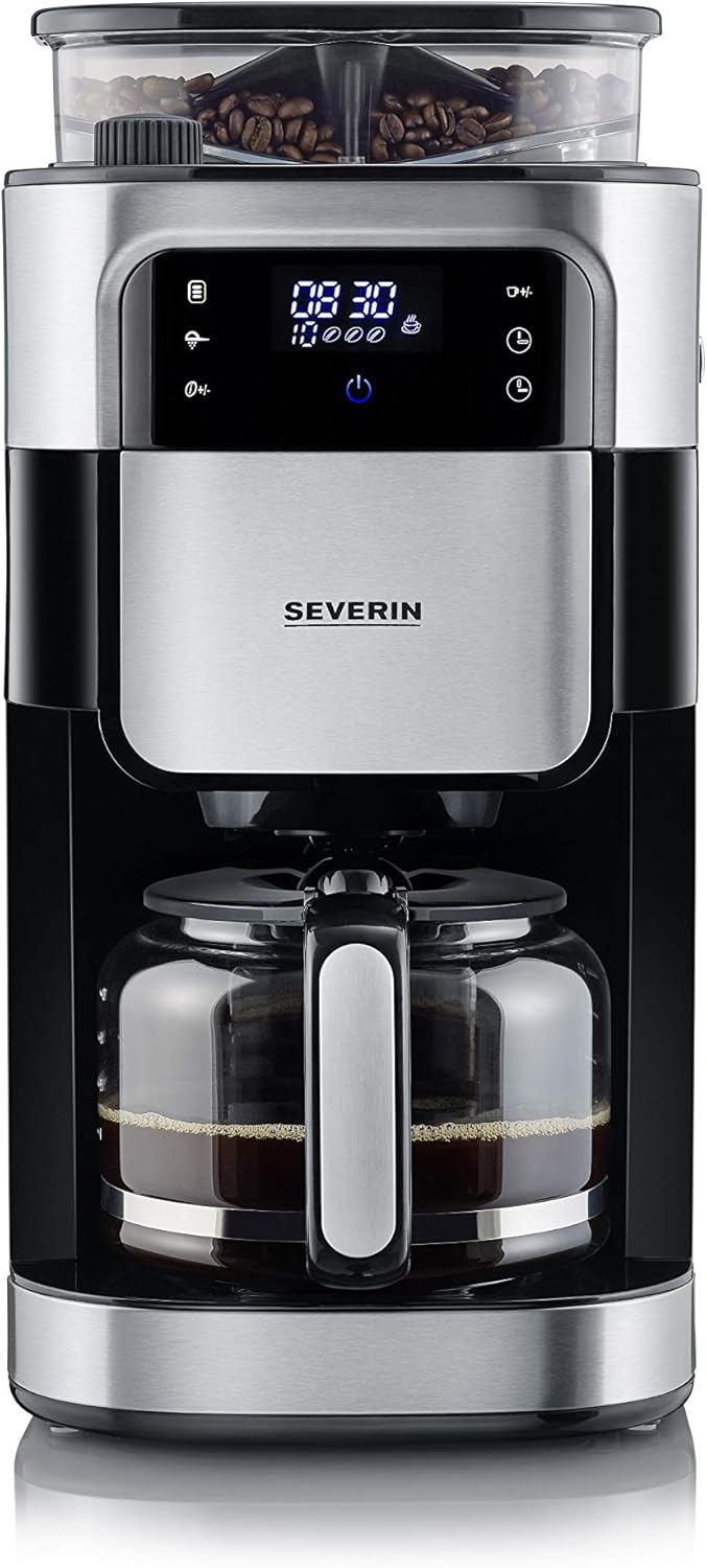 Severin cafetera, - de goteo con molinillo hasta 10 tazas, KA 4813, con pantalla LED con temporizador, Acero inoxidable, Negro