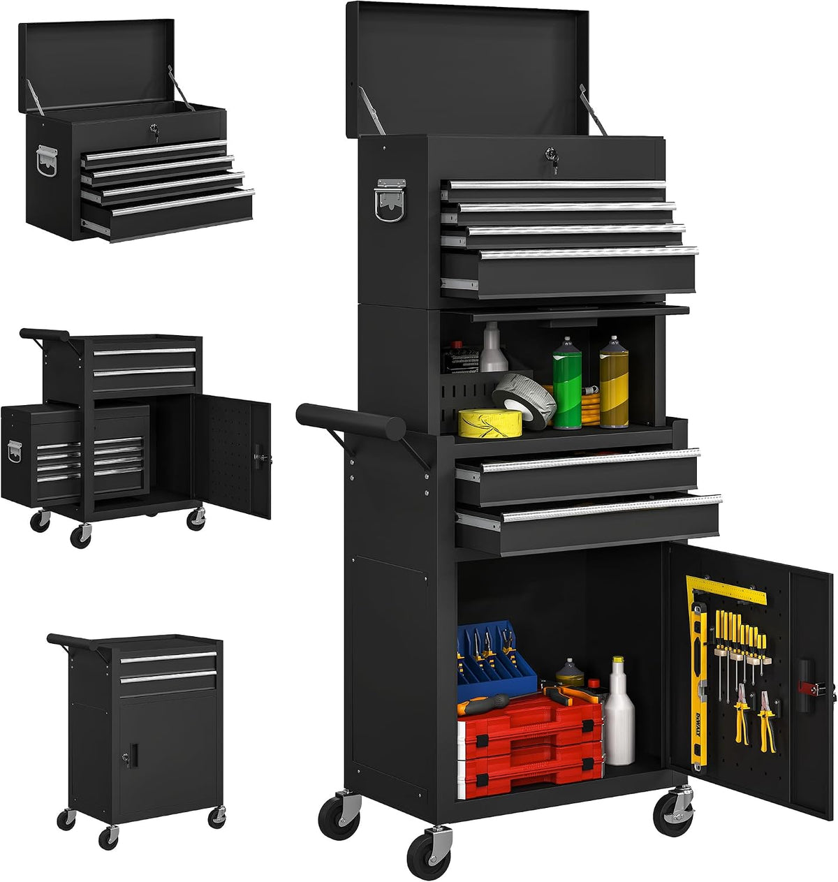 armario, HOMCOM, Carro de Taller Móvil con Ruedas y Panel Lateral Perforado, para Taller, Caja de Herramientas Desmontable de Acero, Negro, 3 en 1