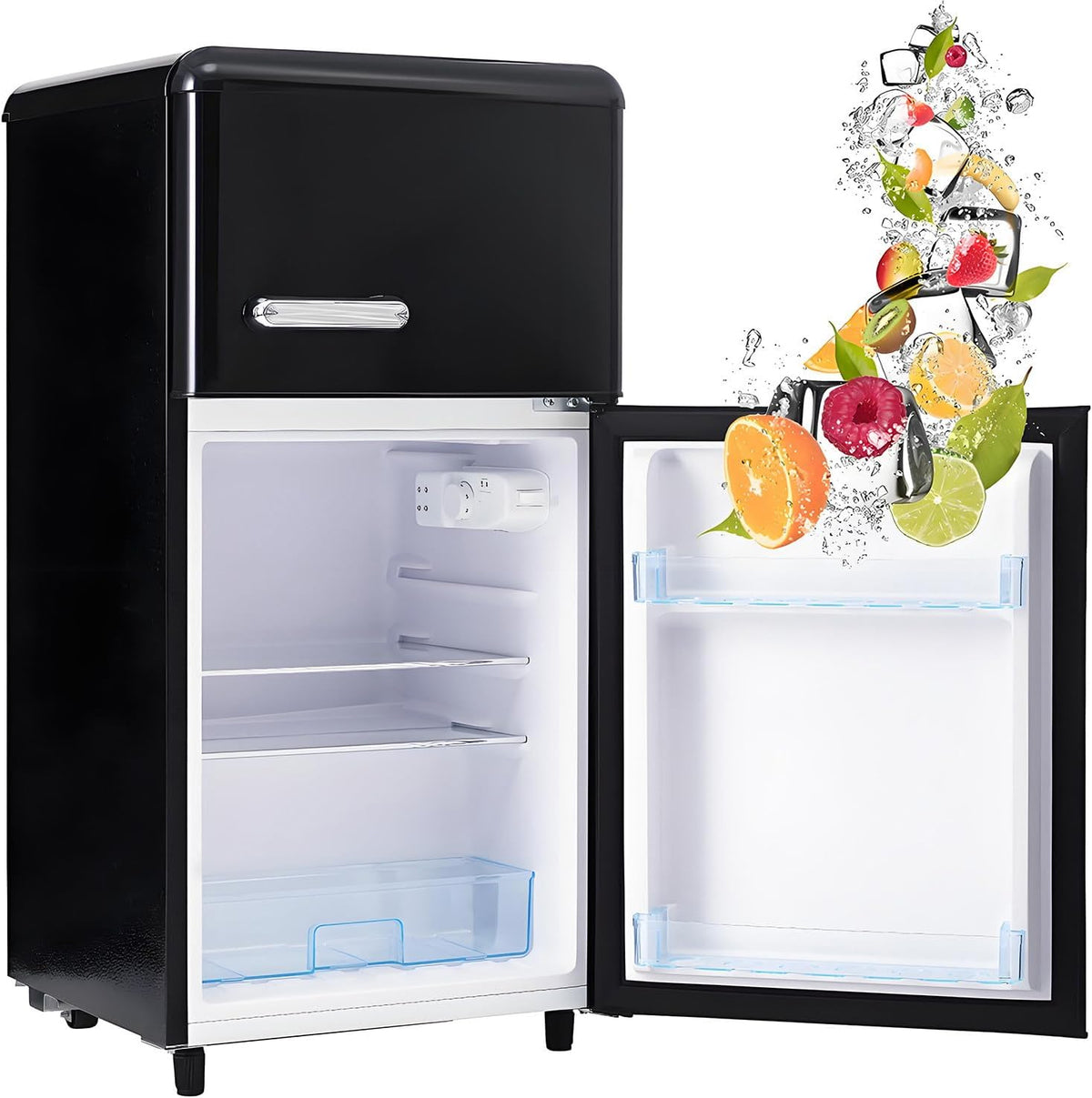 frigorífico mini, MLYYYDSS, frigorífico de 72 litros con congelador de 21 litros, 120 kWh, Frigorífico retro con congelador, año, luz LED., Black