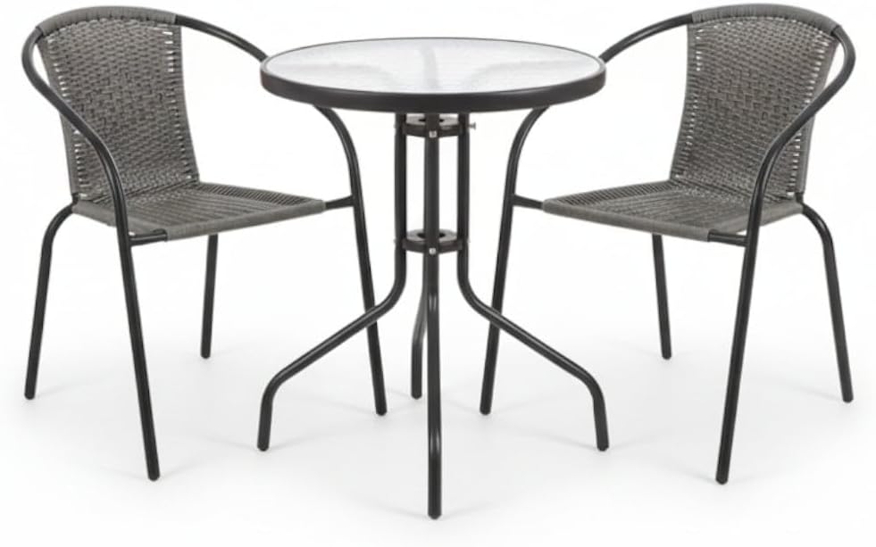 sillón, LOLAhome, Conjunto Jardín Exterior Mesa y 2 Sillas, Terraza, Mesa Cristal Templado Ø60cm, apilables, Pintura Epoxi Anticorrosión, Balcón