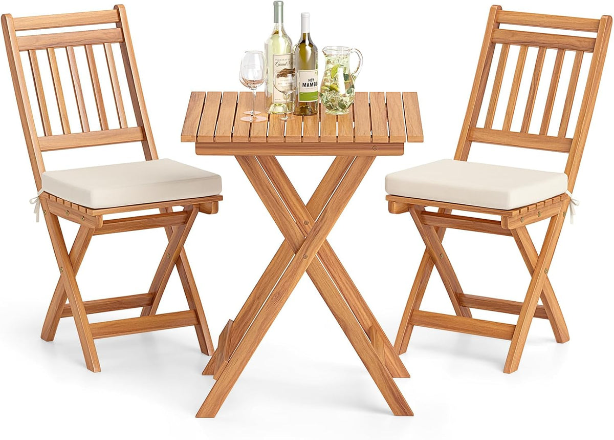 Juegos de comedor, COSTWAY, Conjunto Jardin Exterior 3 Piezas, Muebles Jardin Terraza Balcón Exterior (Beige 3), Madera de Acacia, Cojines Suaves