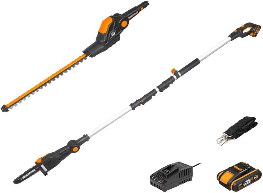 cortasetos WG908E, WORX, 20V 2 en 1 Combo, telescópico y podadora WG908E, 2.0 Ah, lubricación automática de Aceite y Cargador rápido de 1 Hora.