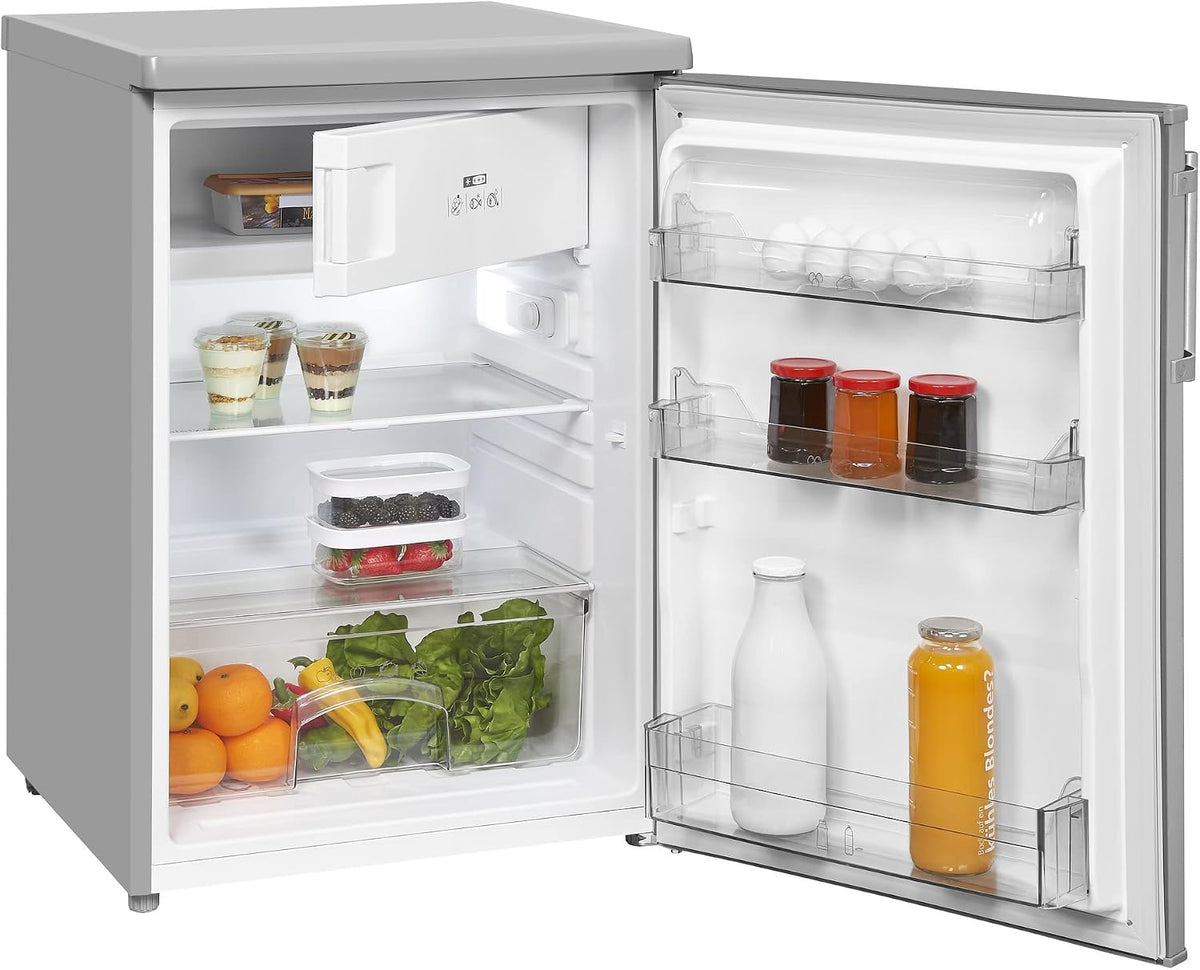 frigorífico combi, Exquisit, Frigorífico Table Top 109L Inoxlook Clase E 4 Estrellas LED, Puerta reversible, alarma de puerta