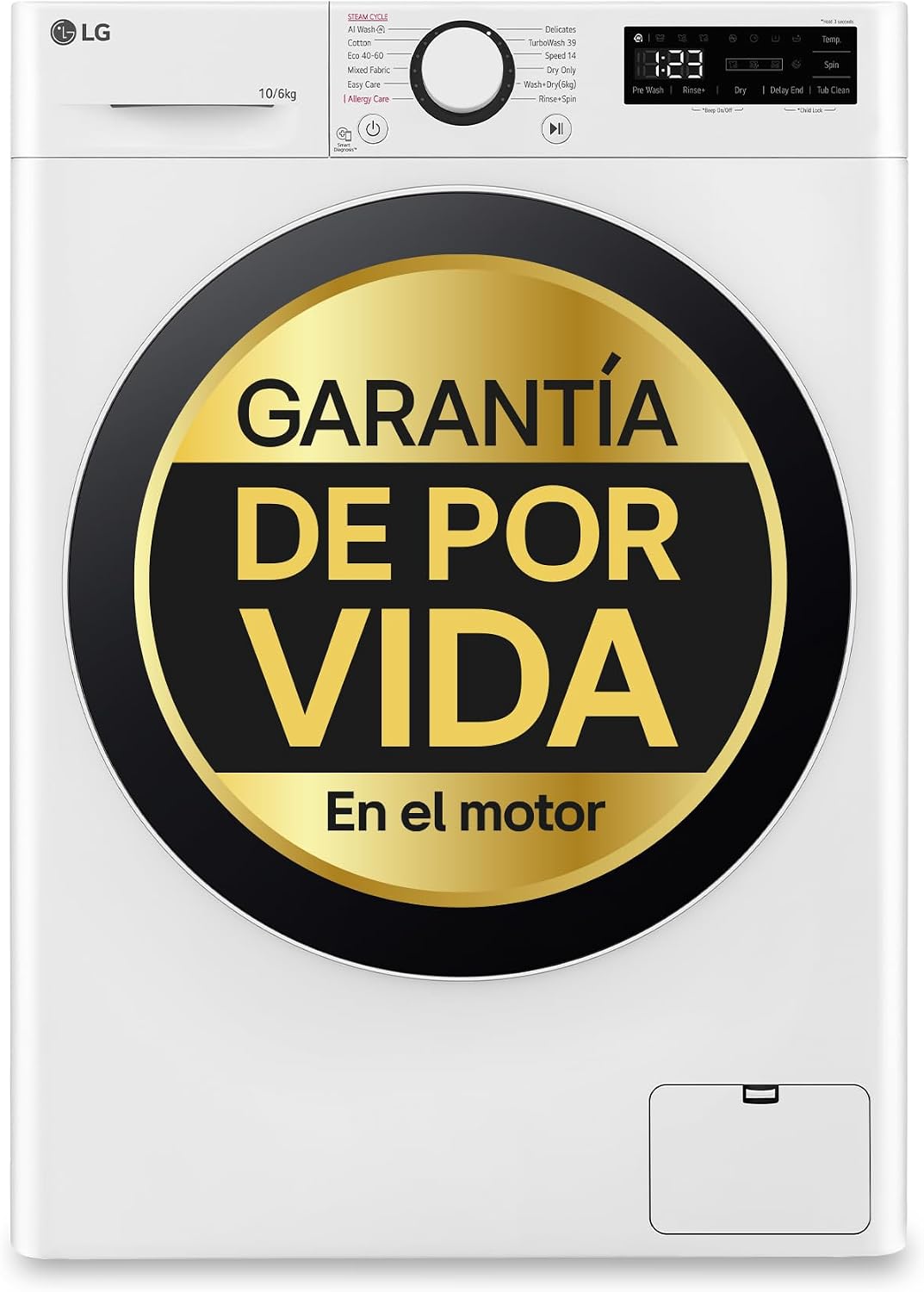 LG F4DR6010A0W lavadora, TurboWash 360o, Un 10% más eficiente que A(lavado), Serie 600, AI Direct Drive, Carga Frontal, D(secado), Vapor Steam, Blanco