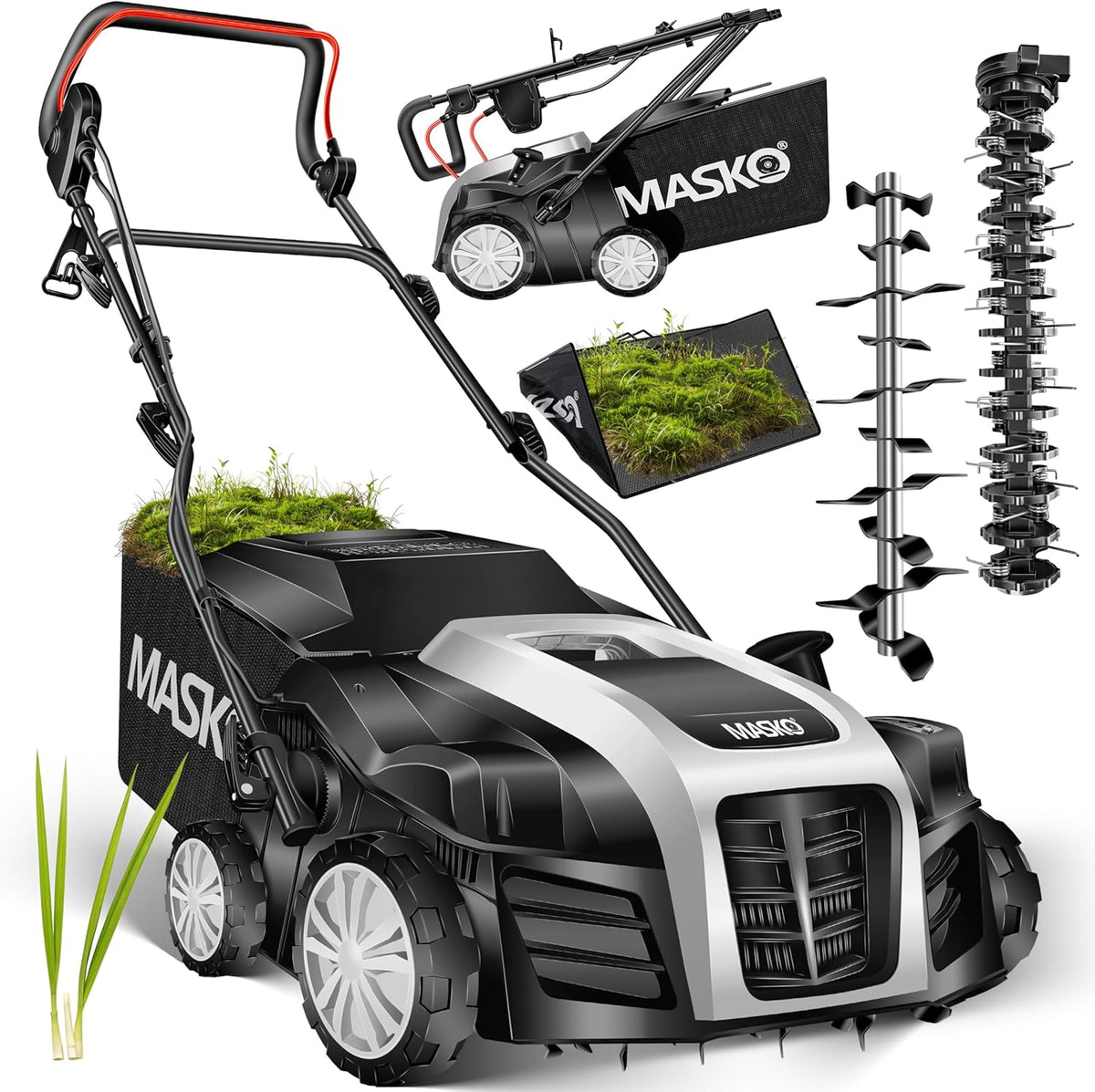 Escarificadore, Masko, eliminador de musgo, Escarificador eléctrico 2 en 1, aireador de césped 1800W, 40 cm de ancho de trabajo, negro