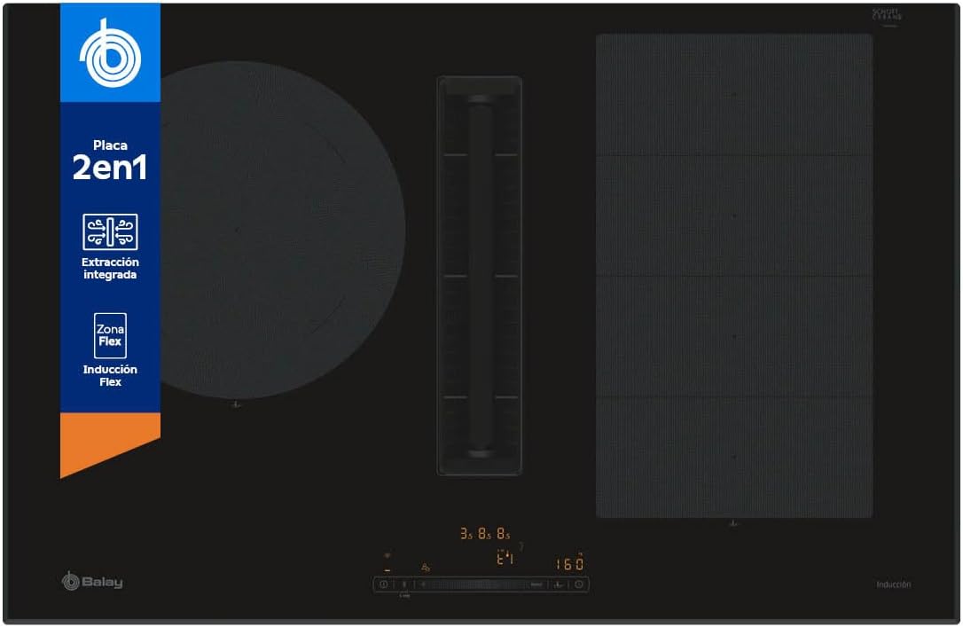 placa de inducción 3EBC989LH, Balay, 2 Zonas, 11 niveles, Zona de 28 cm, - con Extractor Integrado, Flex Inducción, Posibilidad de recirculación