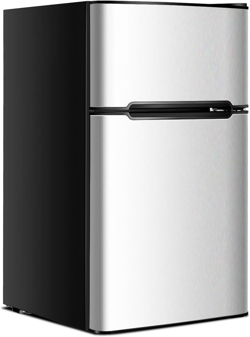 frigorífico mini, GOPLUS, Frigorífico 90 L, Minifrigorífico con Congelador de 27 L y Frigorífico 63 L con Marco de Acero y Termostato Ajustable