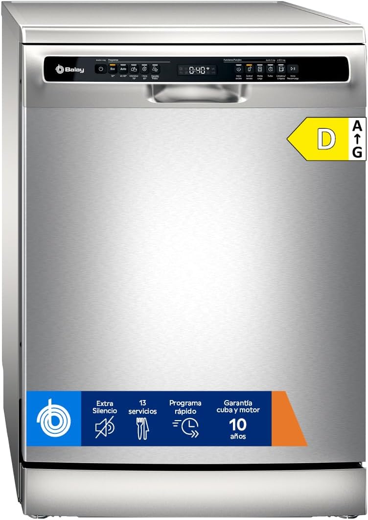lavavajillas 3VS5011IA, Balay, 13 servicios, Libre Instalación, Silencioso, Media Carga, acero inoxidable