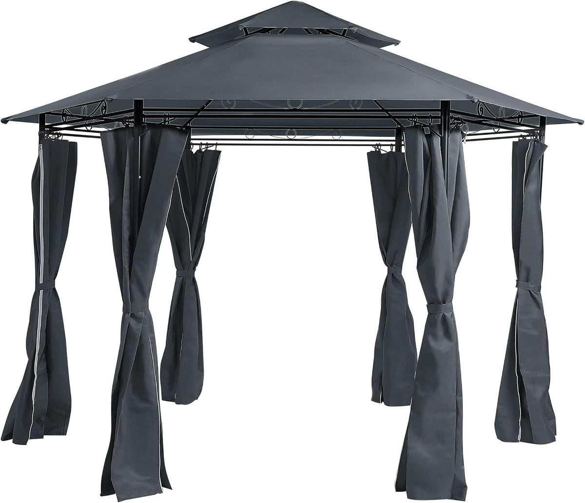 cenador, Beliani, Pabellón de jardín con Cortinas de poliéster Gris Oscuro Marco de Metal Negro Resistente al Agua y UV Portel