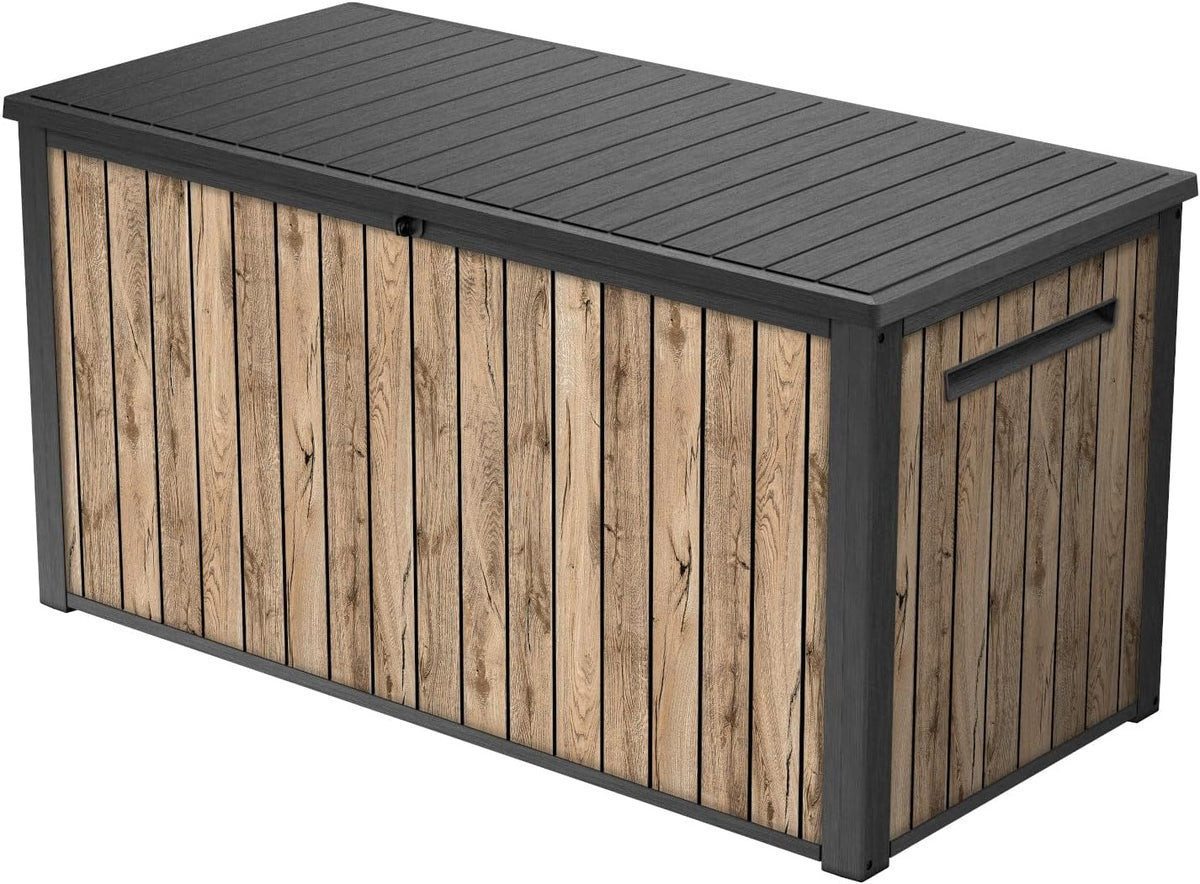 Arcones para patio, Keter, Caja de jardín Sierra 643L, 144 x 67 x 73 cm, plástico con aspecto de madera (pino), tapa con resortes de gas