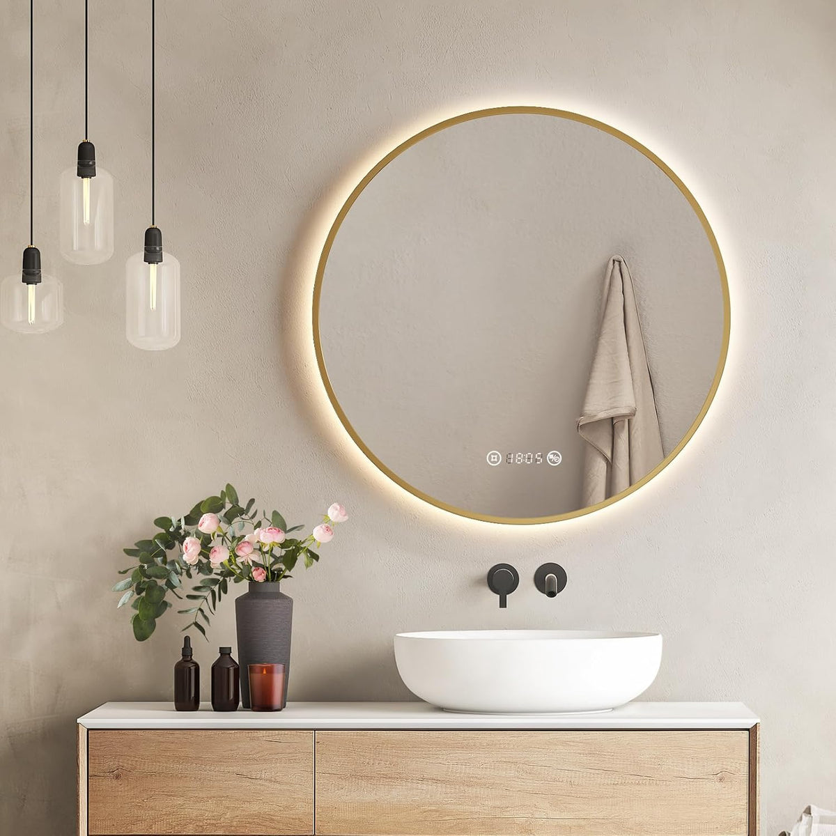 Espejos de aumento de pared IP44, EMKE, Espejo LED Redondo de Baño, Marco Dorado Cepillado, antiempañante, con visualización de Hora y Temperatura