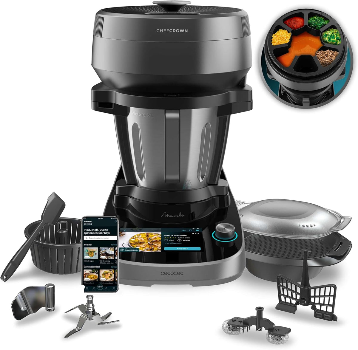 Cecotec robot de cocina, 5 Funciones, Jarra Victory 4,5L, Dispensador de Alimentos, Recetas Guiadas, Accesorios: Vaporera, Cesto para Hervir
