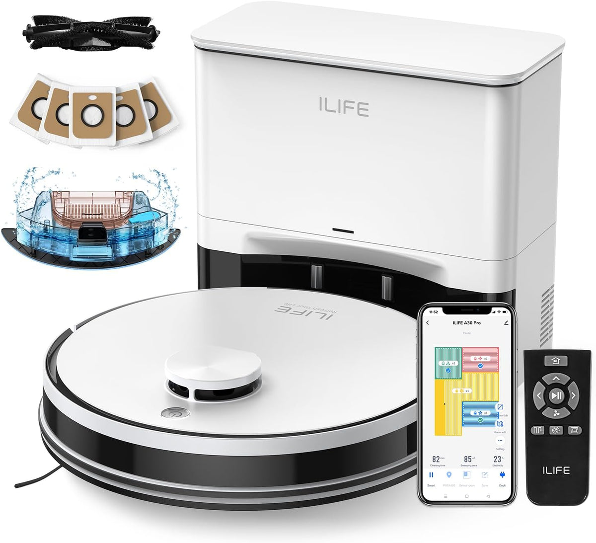 robot aspirador A30, iLife, A30 Pro Aspiradora y Trapeador, Succión 5000Pa, WiFi 2.4G, Navegación LiDAR, App, Estación de Autovaciado para 60 Días