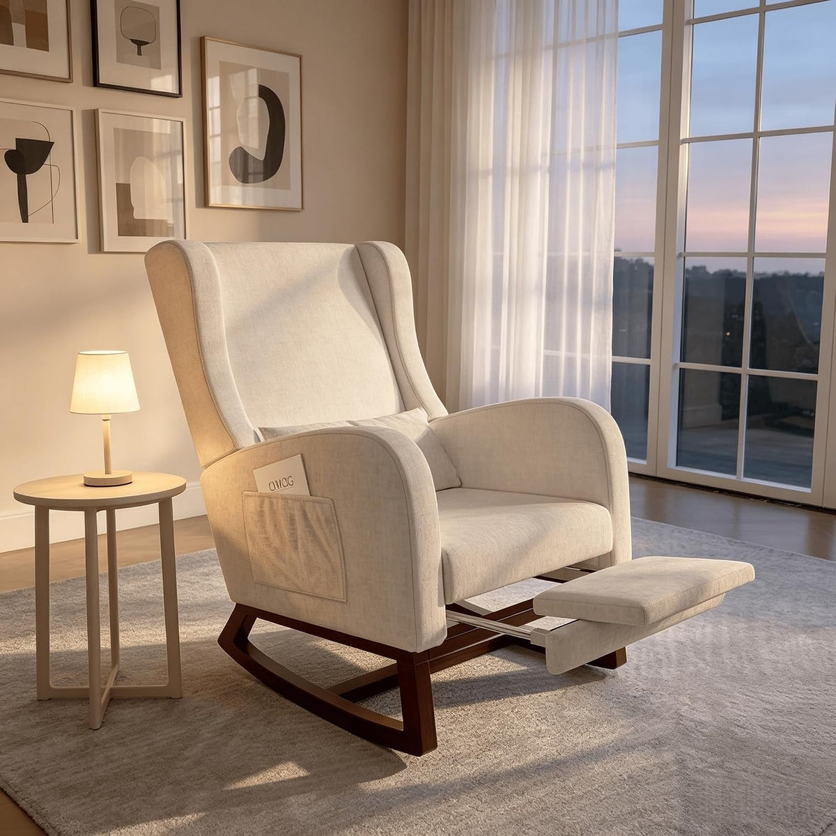 Mecedora, HYNHXBP, Silla ergonómica para Lactancia, para el salón o el Dormitorio (Terciopelo Beige), con Estructura de Madera Maciza, Acolchada