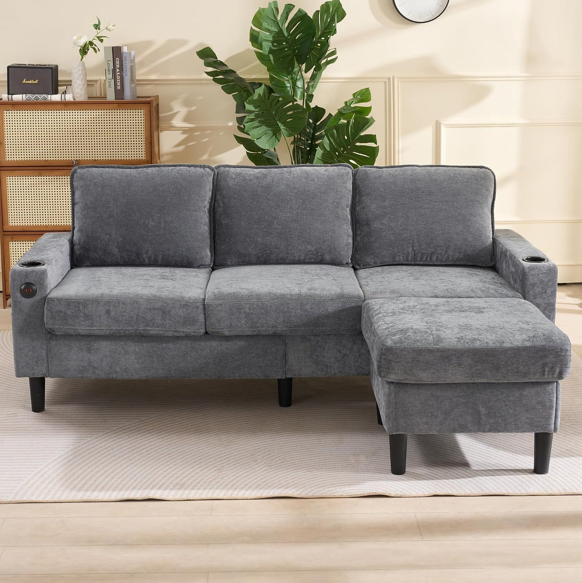 sofá cama, Soweiz, sofá de 3 plazas con dos portavasos para salón, dormitorio, lino (gris), Sofá tapizado con puertos USB y tipo C, apartamento