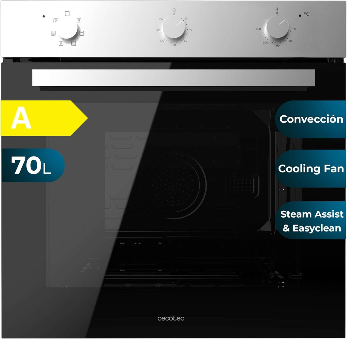 Cecotec M236000 horno de pared, Horno Integrable Multifunción 70L Bolero Hexa M236000 Inox Time. 2800W, 6 Funciones, Temporizador, Steam Base XXL