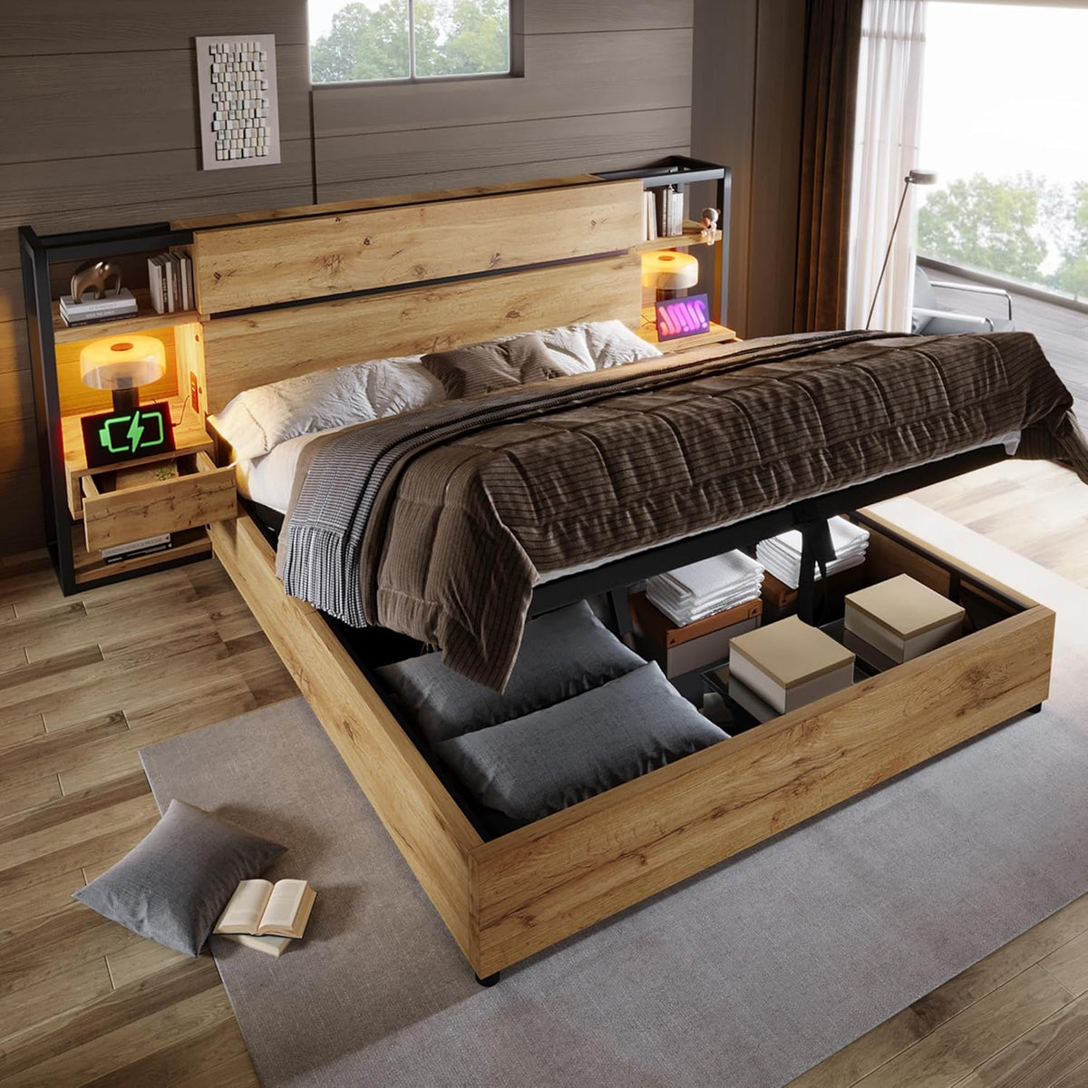 cama, Kebnor, doble de madera de 160 x 200 cm, marco de con listones de madera, color roble