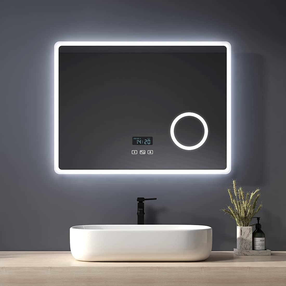 Espejos de aumento de pared, Heilmetz, con Interruptor táctil y función antivaho, Reloj y Bluetooth, Regulable, Tres Colores, Tipo13