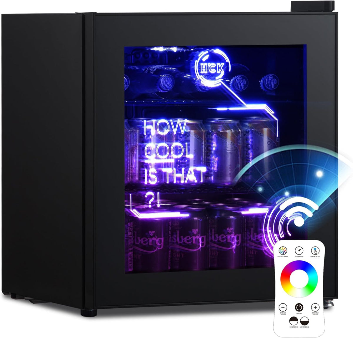 frigorífico mini, HCK, Nevera Pequeña 48L con Iluminación Moderna Cyberpunk, Mini Frigorificos Pequeños de 0 a 15°C, Mini Nevera, Fiesta, Negro