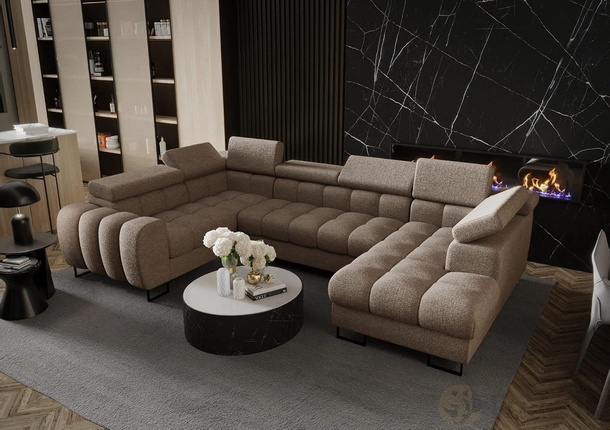 sofá, Friderik, 195 x 350 x 170 cm, esquinero Aspen Max II en forma de U, función de descanso, con cajonera (beis, izquierda)