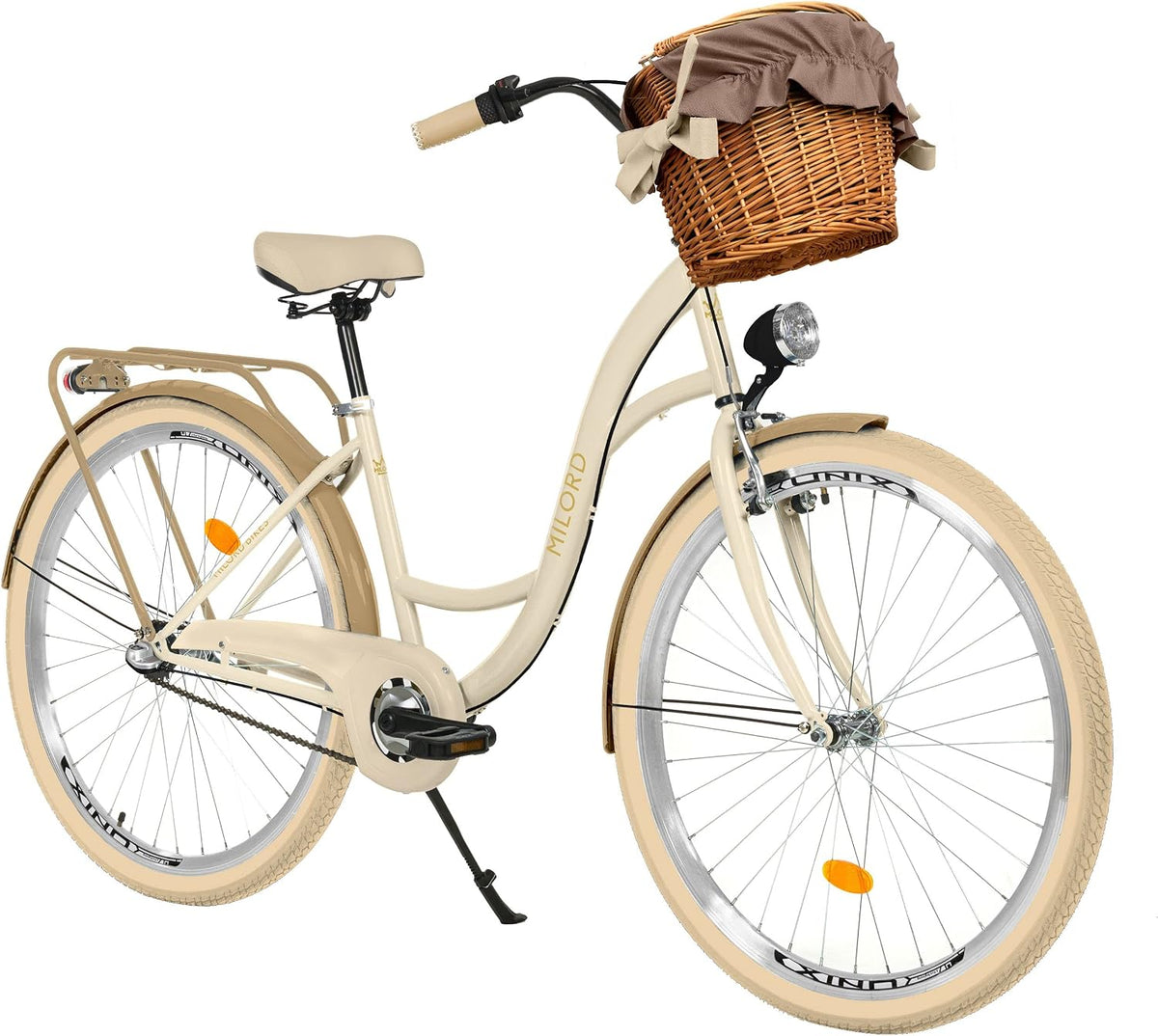 silla de paseo, MILORD, color crema y marrón, . Bicicleta de 26 pulgadas, con cesta y respaldo, bicicleta holandesa, bicicleta de ciudad, retro